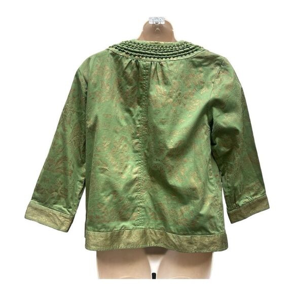 Chico’s Green Gold Shiny Cotton Embroidered Dots Trim Jacket Size 0 Small EUC - Picture 5 of 7